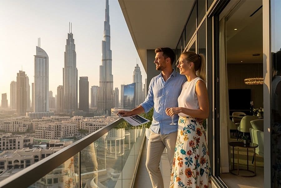 European couple standing in the balcony of a flat in Dubai